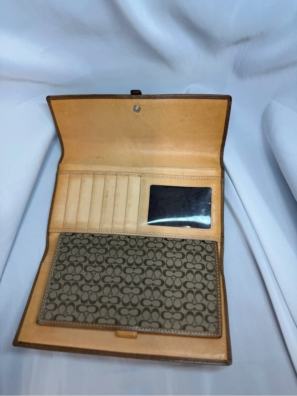 Vintage Coach Signature Jacquard Brown Buckle Trifold Wallet